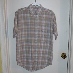 Vintage Men's Wedgefield Dress Shirt - Short Sleeve - Tan w/Pink and Blue stripe